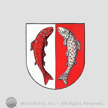 Heraldry: shield, red fish, white fish.