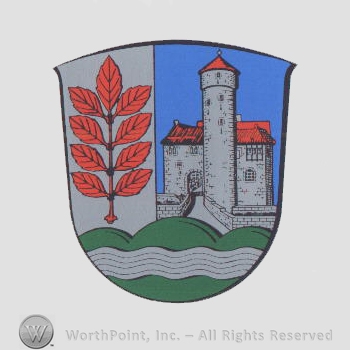 Heraldry: shield, castle, branch, hills, wavy line.