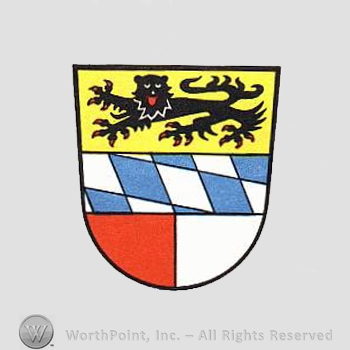 Heraldry: shield, lion, diamonds pattern, chequered field.