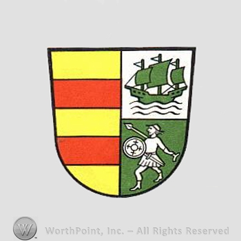 Heraldry: shield, red bars, boat, wavy lines, warrior.