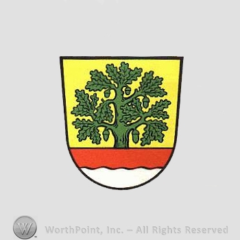 Heraldry: shield, oak tree, red line, wavy line.