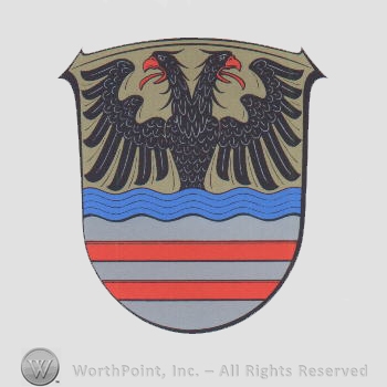 Heraldry: shield, double head eagle, wavy line, red lines.