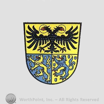 Heraldry: shield, double head eagle, lions.