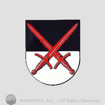 Heraldry: shield, swords.