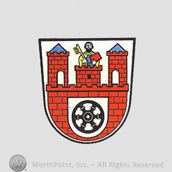 Heraldry: shield, castle, wheel, saint, key.