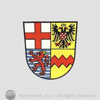 Heraldry: shield, cross, double head eagle, lion, crowns, wavy line