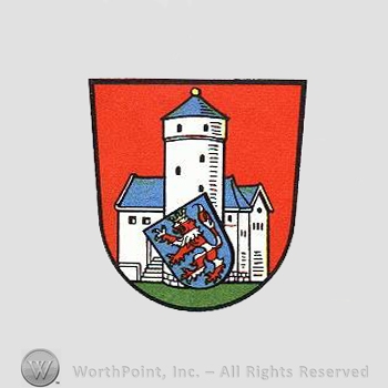 Heraldry: shield, castle, small shield, lion rampant.