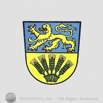 Heraldry: shield, lion, wheat spice.