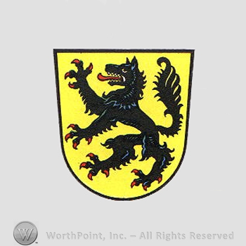 Heraldry: shield and a wolf.