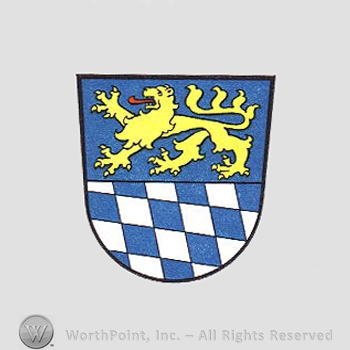 Heraldry: shield, lion, diamonds pattern.