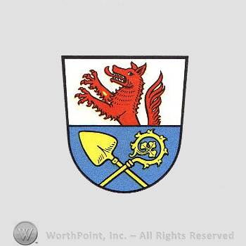Heraldry: shield, wolf, shovel, monastery stick.