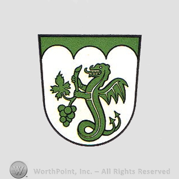 Heraldry: shield, grapes and a dragon.