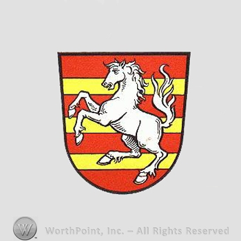 Heraldry: shield, horse, yellow lines.
