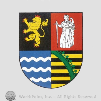 Heraldry: shield, lion rampant, wavy lines, ring and crown bar, statue, sword, yellow lines.