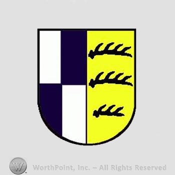 Heraldry: shield, antlers, chequered field.