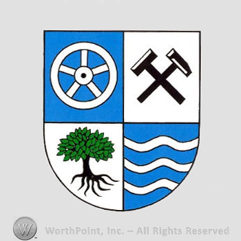 Heraldry: shield, wheel, hammers, tree, wavy lines.