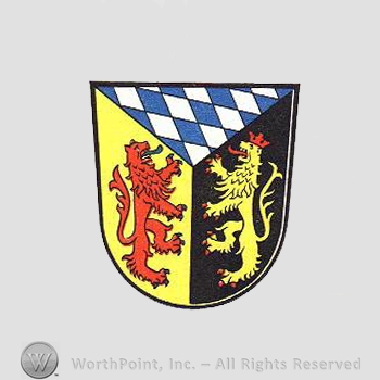 Heraldry: shield, red and yellow lions, chequered field.