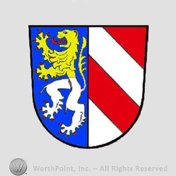 Heraldry: shield, lion rampant, red bars.