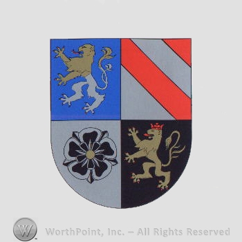 Heraldry: shield, lions, rose, crown, red bars.