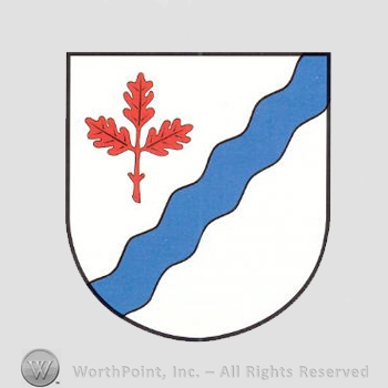 Heraldry: shield, wavy line, branch and leaves.