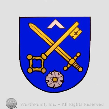 Heraldry: shield, sword, key, rose.