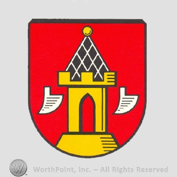 Heraldry: shield, castle, plough.