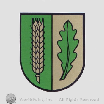Heraldry: shield, wheat spice, oak leaf.