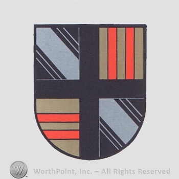 Heraldry: shield, cross, red bars, gray line.