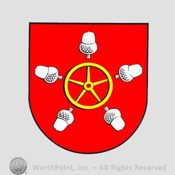 Heraldry: shield, wheel, acorns.