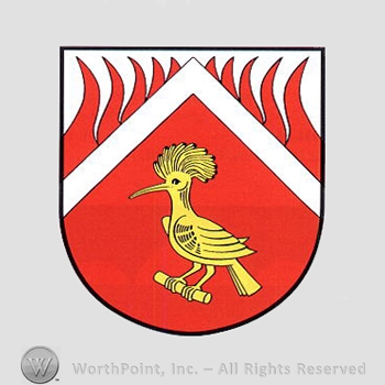 Heraldry: shield, flames, woodpecker, white lines.