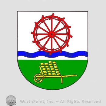 Heraldry: shield, wavy line, watermill, wheelbarrow.