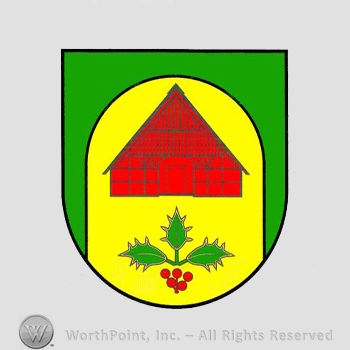 Heraldry: shield, house, plant, fruits.