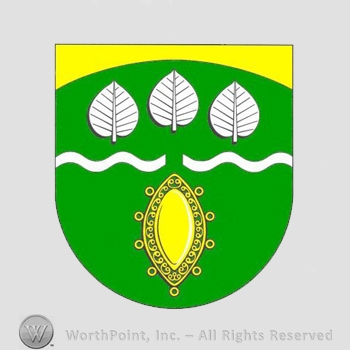 Heraldry: shield, wavy line, leaves, brooch.