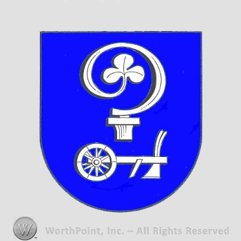 Heraldry: shield, clover leaf, plough.