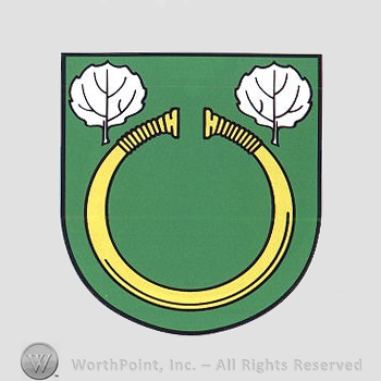 Heraldry: shield, leaves, ring.