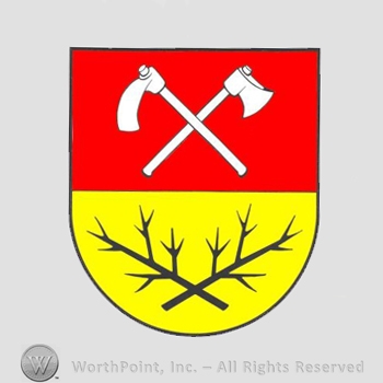 Heraldry: shield, adze, axe, spiked branches.