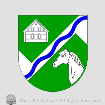Heraldry: shield, house, wavy line, horse.