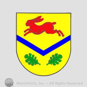 Heraldry: shield, rabbit, blue lines, oak leaves.