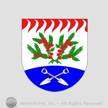 Heraldry: shield, shovels, red flames, branches.
