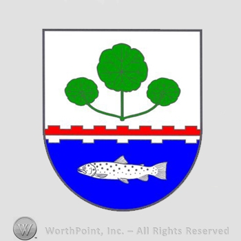 Heraldry: shield, leaves, fish.
