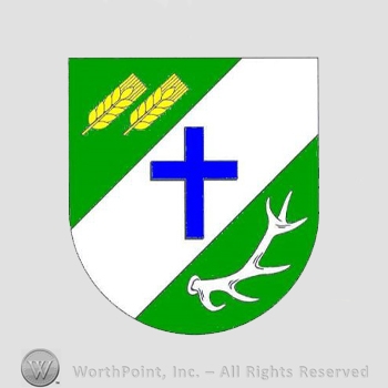Heraldry: shield, cross, antlers, wheat spice.