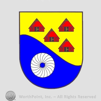 Heraldry: shield, houses, wheel.