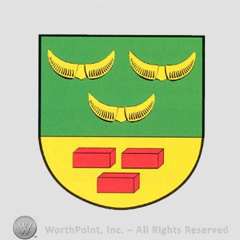 Heraldry: shield, horns, bricks.
