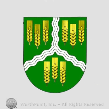Heraldry: shield, wheat spice, wavy lines.