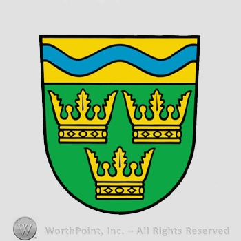 Heraldry: shield, wavy line, crowns.