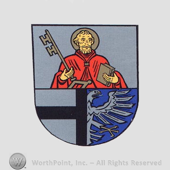 Heraldry: shield, priest, key, cross, eagle.