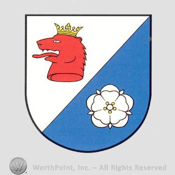 Heraldry: shield, rose, crown, wolf.