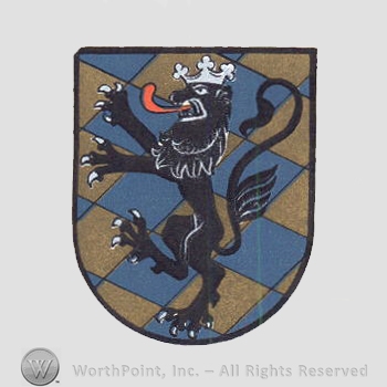 Heraldry: shield, lion, crown, diamonds pattern.