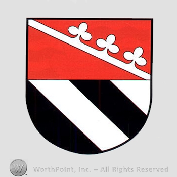 Heraldry: shield, black bars, clover leaf bar.