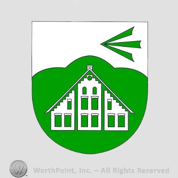Heraldry: shield, arrow, house, hills.